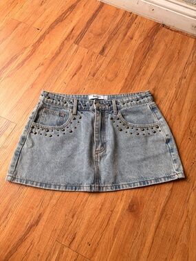 Re/Done Light Blue Studded Denim Mini Skirt